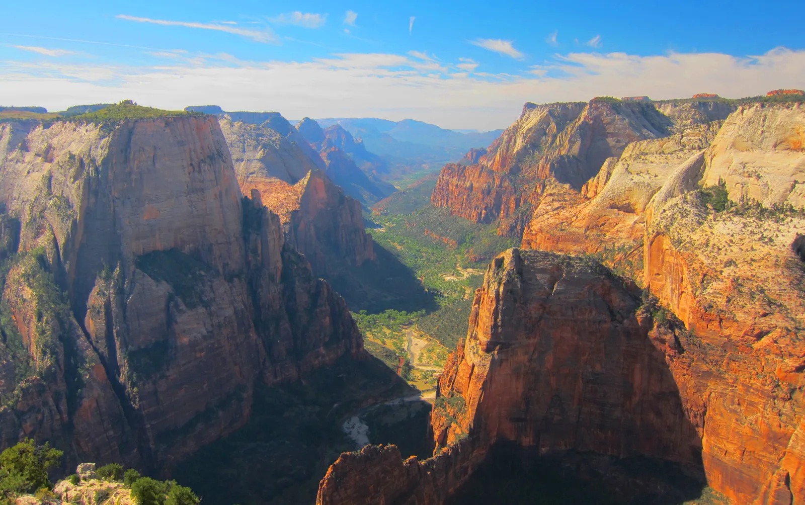 Sandstone walls framing Zion Canyon from an elevated viewpoint